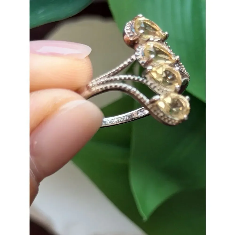 925 Sterling Silver Pear Cut 4 Stones Yellow Citrine Ring Size 10